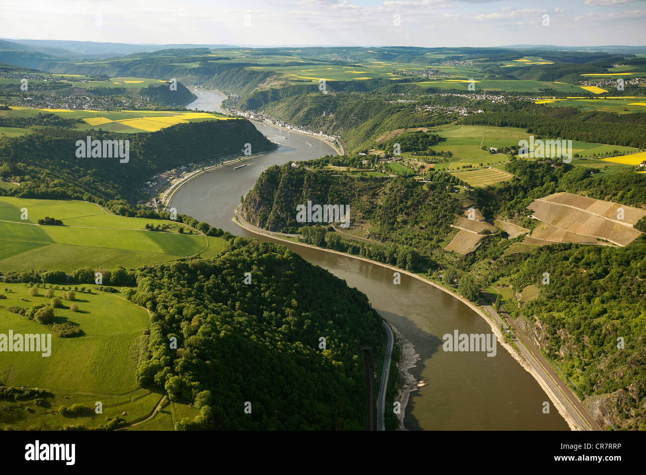 Vista aérea, roca de Loreley, Oberwesel, Rin, bajo el agua, Alto Valle Medio del Rin, Patrimonio de la humanidad Foto de stock