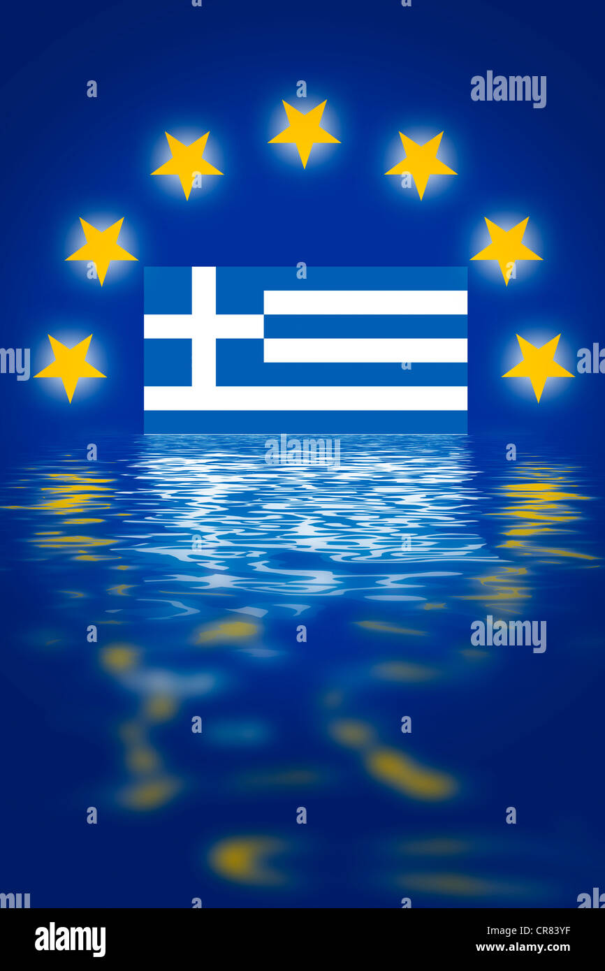Las estrellas de la UE con la bandera de Grecia se hunde en el agua, imagen simbólica, la crisis del euro Foto de stock