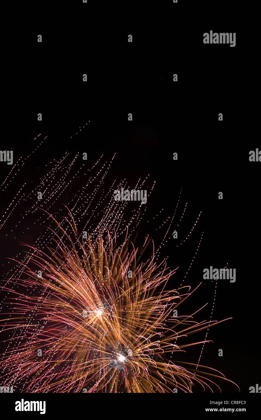 Explosión de fuegos artificiales contra el cielo nocturno Foto de stock