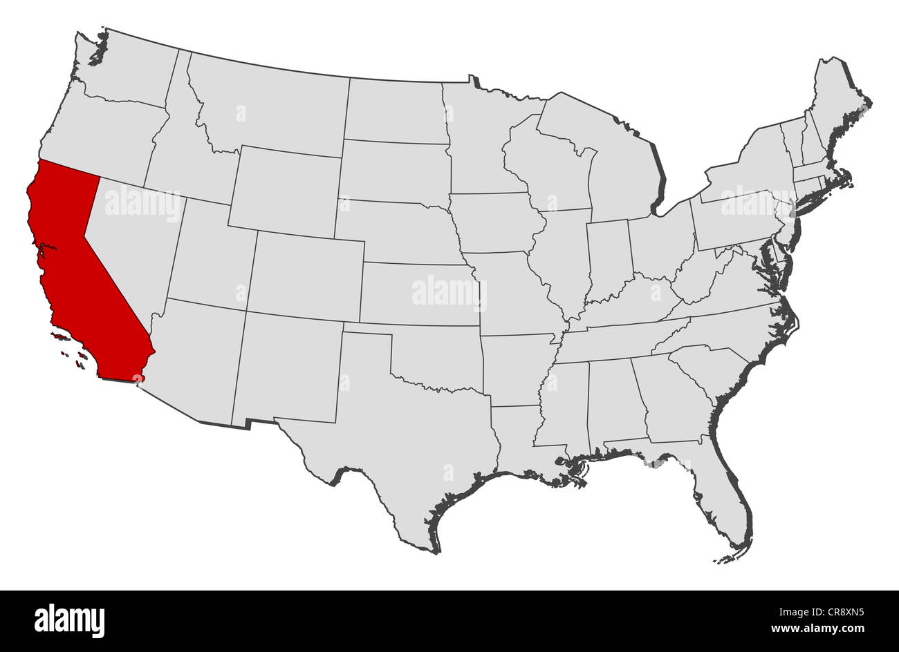 Mapa político de Estados Unidos con los diversos estados en que California está resaltada. Foto de stock
