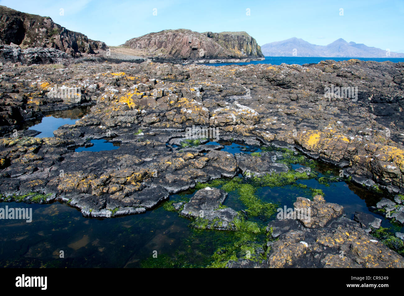Un paisaje de la isla de estiércol con un buen primer plano de interés piscinas de roca y la isla de ron en la parte trasera del terreno Foto de stock