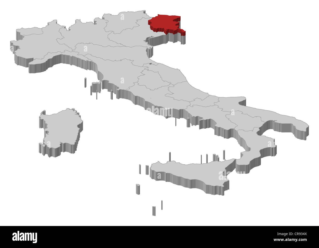 Mapa político de Italia con las varias regiones donde se resalta de Friuli-Venezia Giulia. Foto de stock