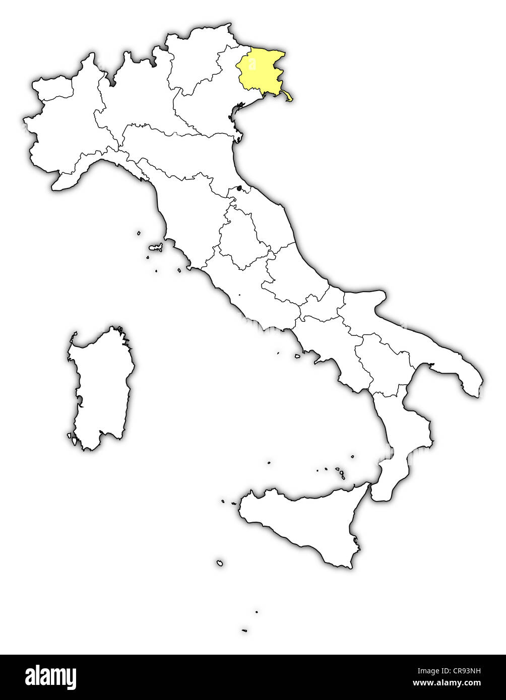 Mapa político de Italia con las varias regiones donde se resalta de Friuli-Venezia Giulia. Foto de stock