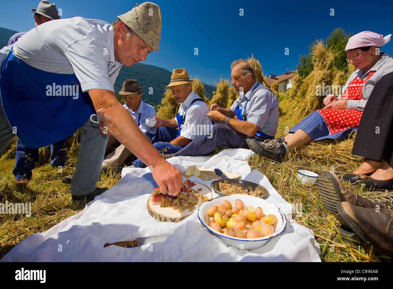 La gente disfruta de un marende, merienda, sobre una pradera alpina, Alto Adige, Italia, Europa Foto de stock