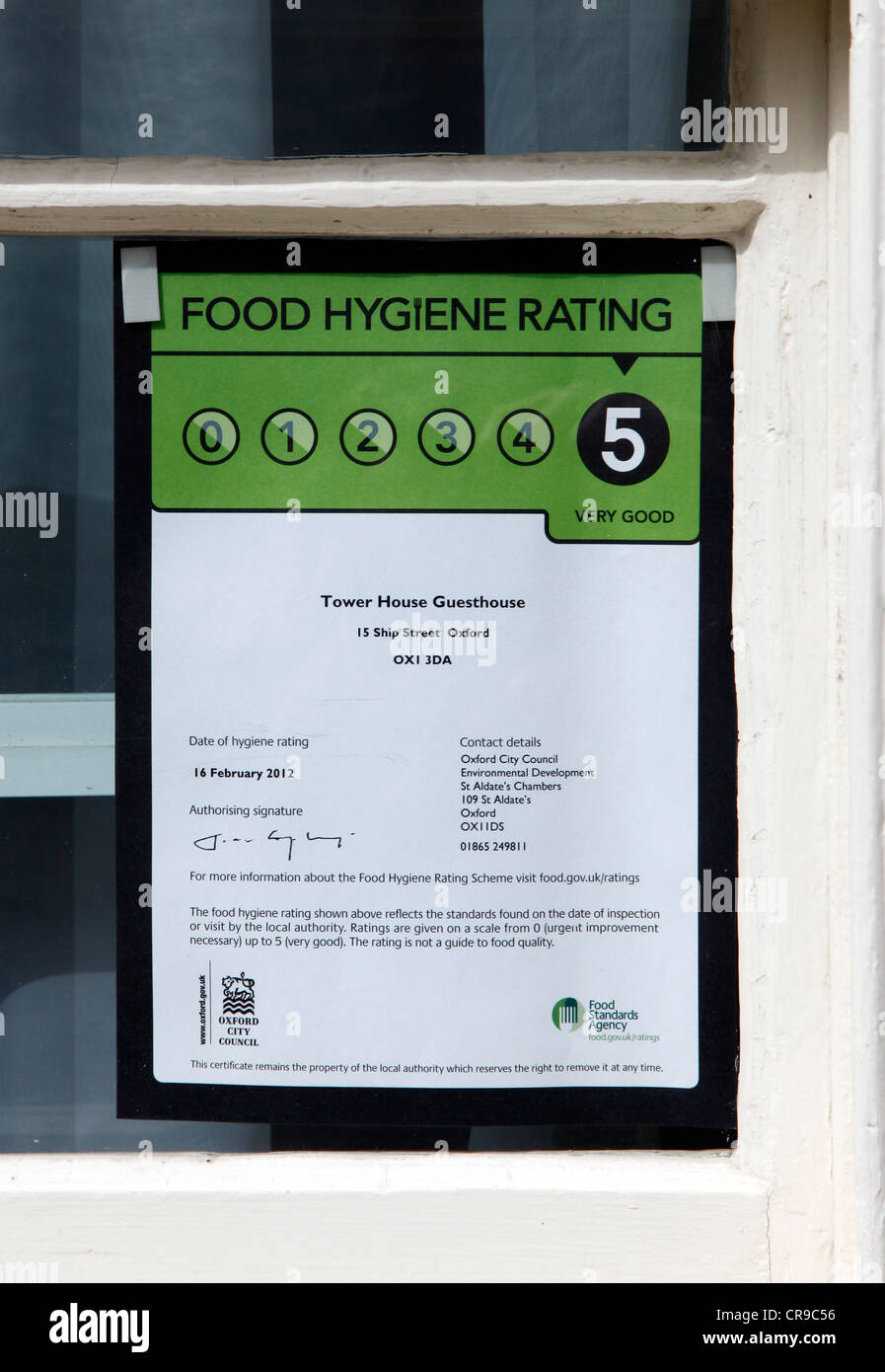 La higiene de los alimentos de un signo de puntuación guest house, en Oxford, Oxford, Reino Unido, Europa. Foto de stock