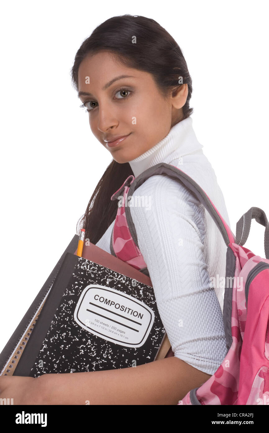 Educación - Serie amable mujer étnica india estudiante de la high school  secundaria con mochila y libro de composición Fotografía de stock - Alamy