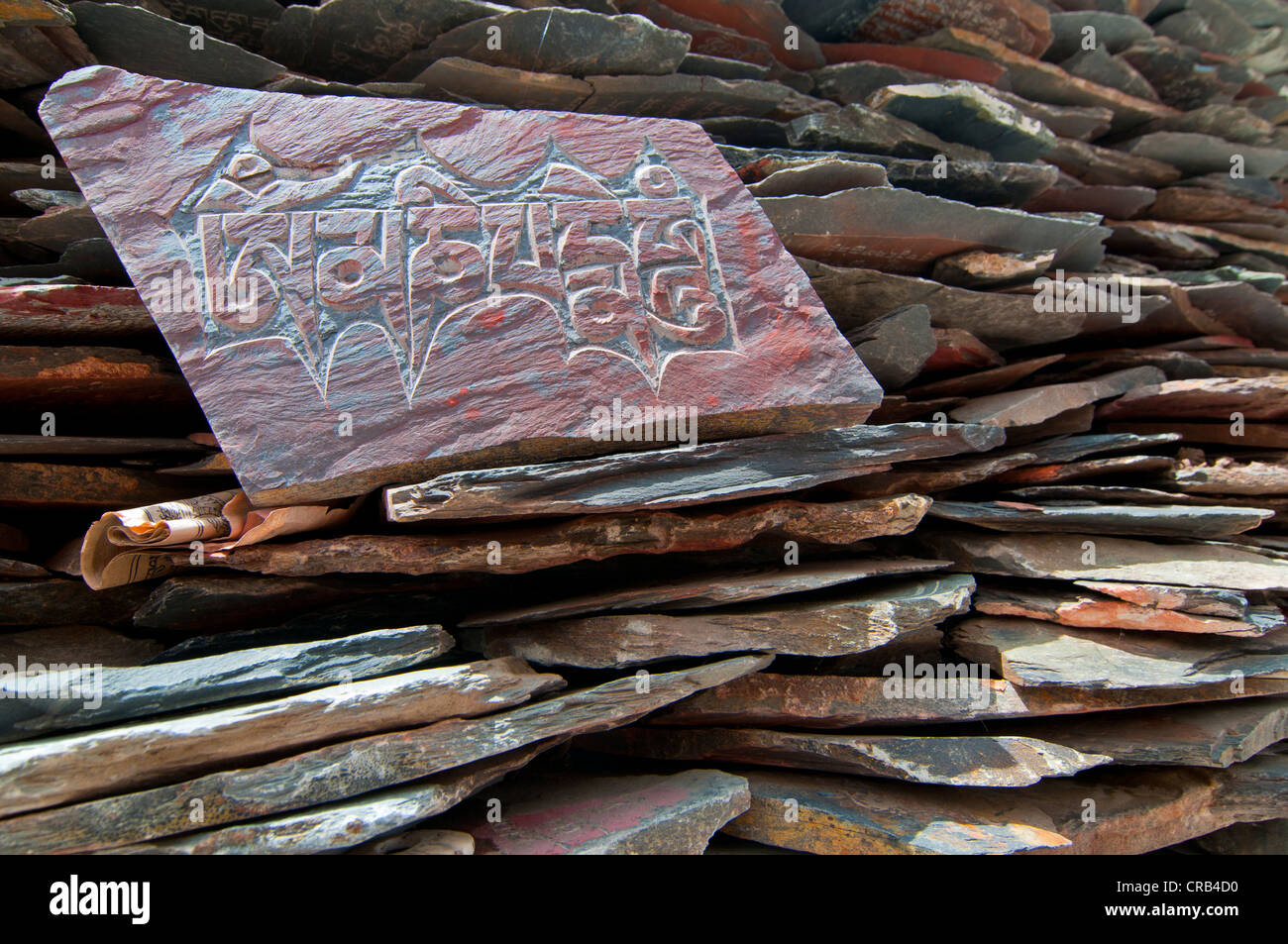 Slate inscrito con inscripciones en el Blue Buddha en Lhasa, Tibet, Asia Foto de stock