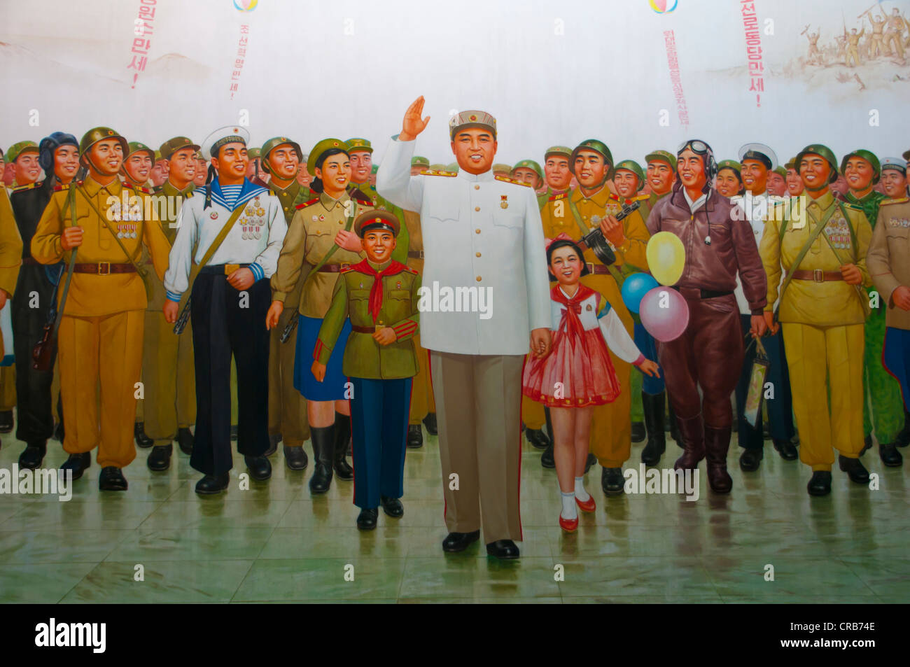 Con carteles de propaganda comunista Kim Il Sung, Pyongyang, Corea del Norte, Asia Foto de stock