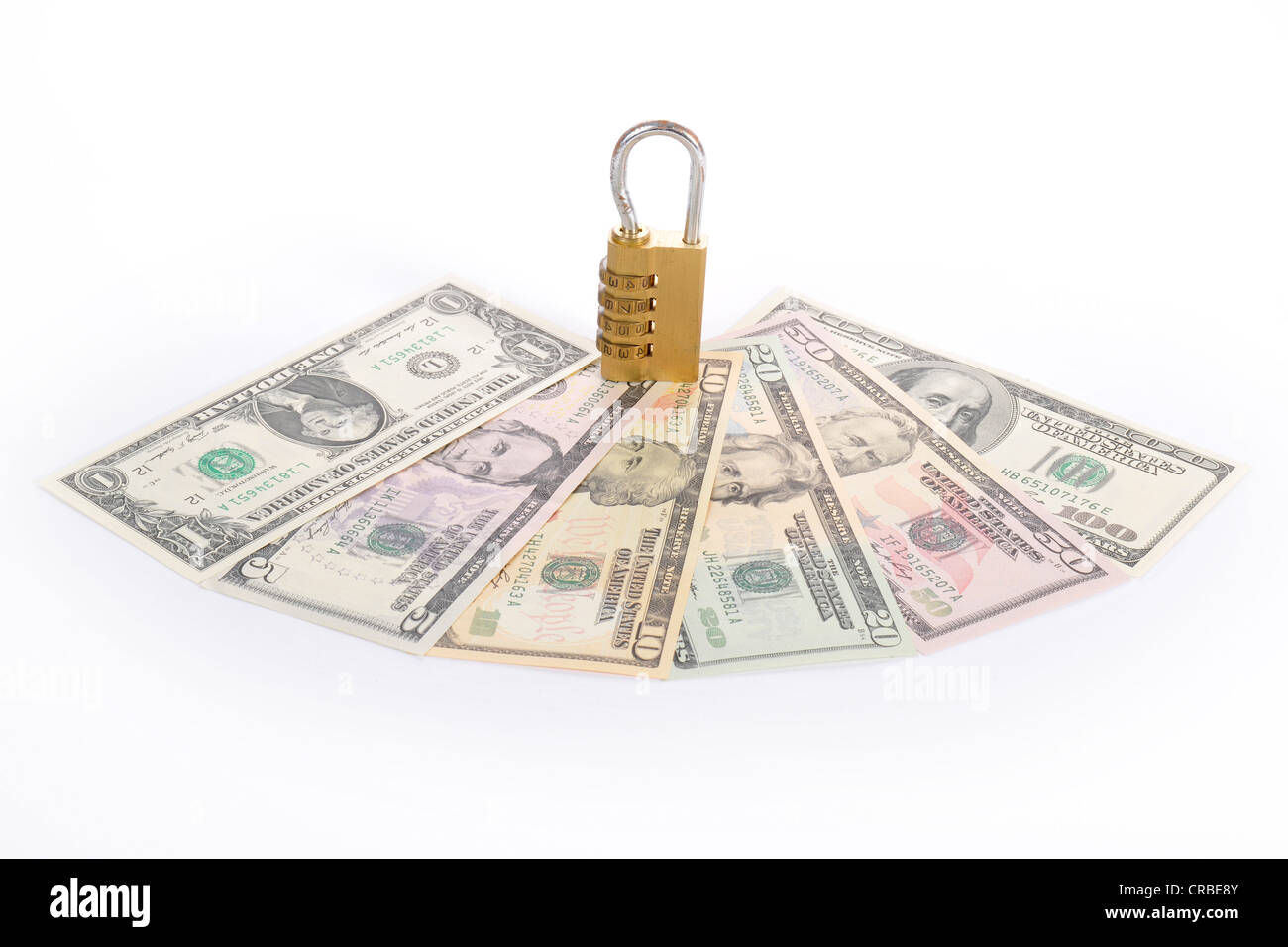 Cerradura de combinación de billetes de dólar estadounidense, imagen simbólica de seguridad monetaria Foto de stock