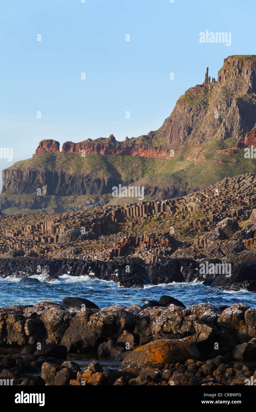 Giant's Causeway con chimeneas, Costa Causeway, Condado de Antrim, Irlanda del Norte, Reino Unido, Europa Foto de stock