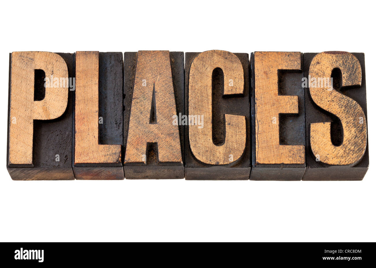 Lugares - viajes concepto - palabra aislada en vintage tipografía tipo de madera Foto de stock