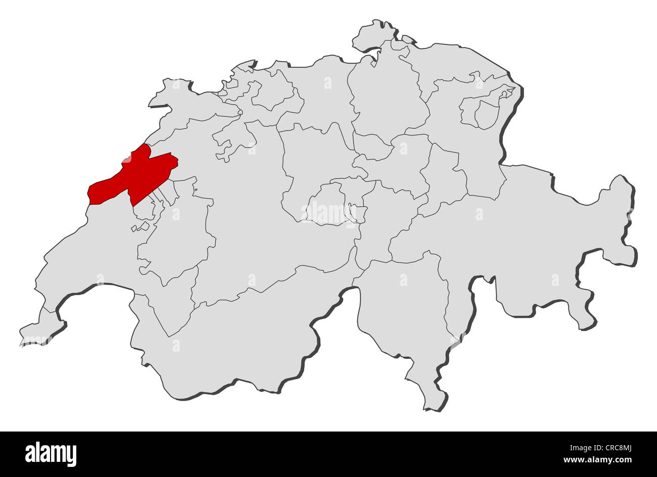 Mapa político de Suiza con los cantones de Neuchâtel donde está resaltada Fotografía de stock