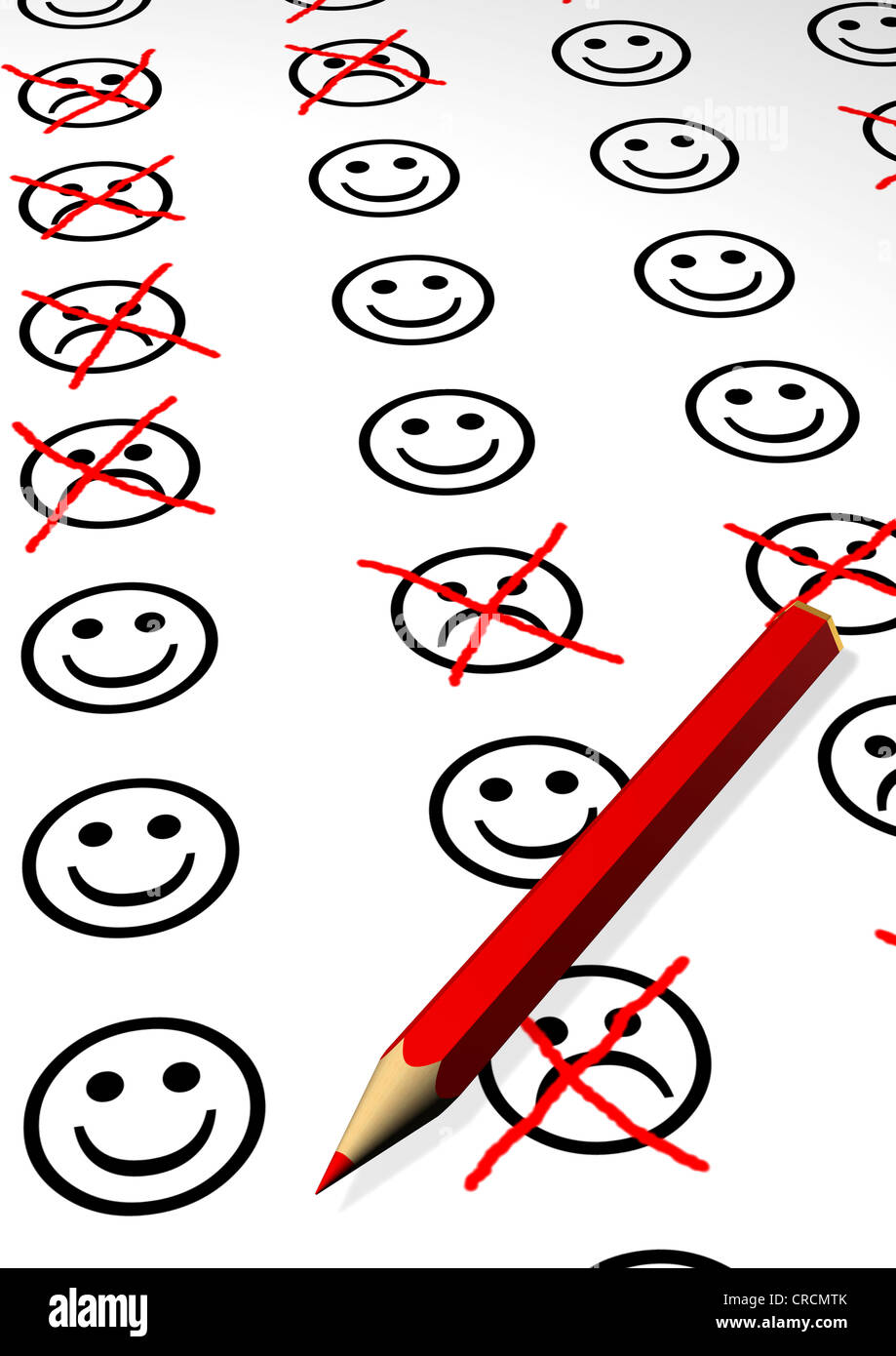 Los Smileys, emoticonos, la triste queridos tachado, lápiz rojo, ilustración Foto de stock