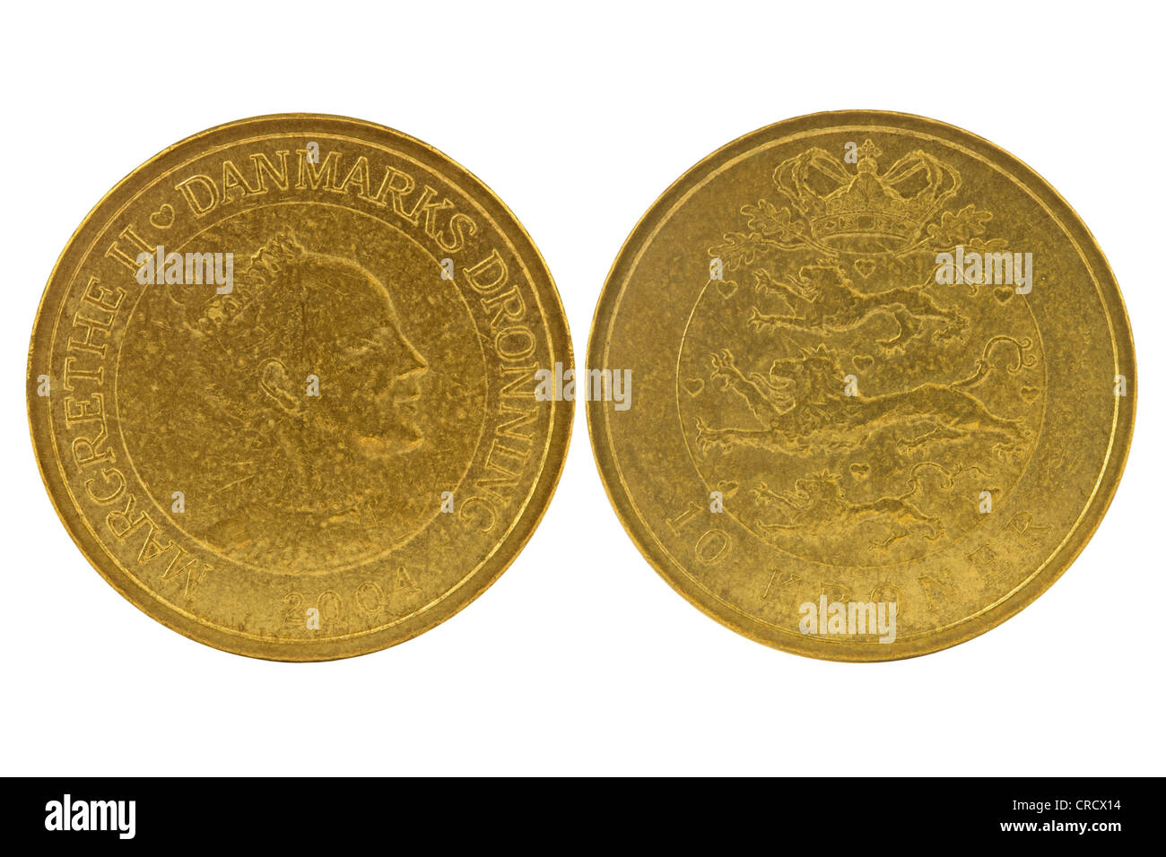 Anverso y reverso de 10 coronas danesas. Aislado sobre fondo blanco. Foto de stock