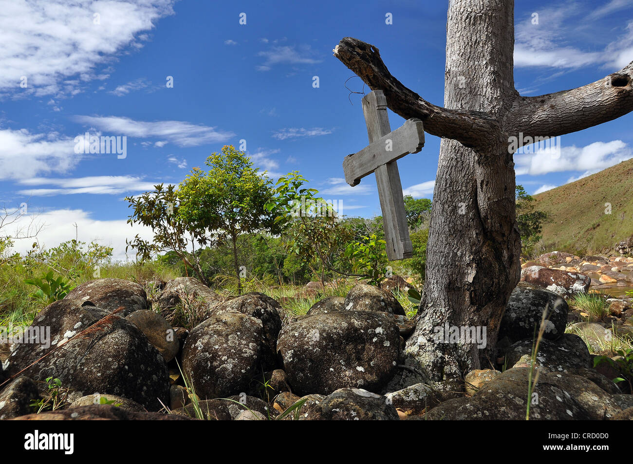 Cruz de madera de un árbol en el desierto, excursión al Roraima Table Mountain, la montaña más Cruz de madera de un árbol en el desierto, excursión al Roraima Table Mountain, la montaña más