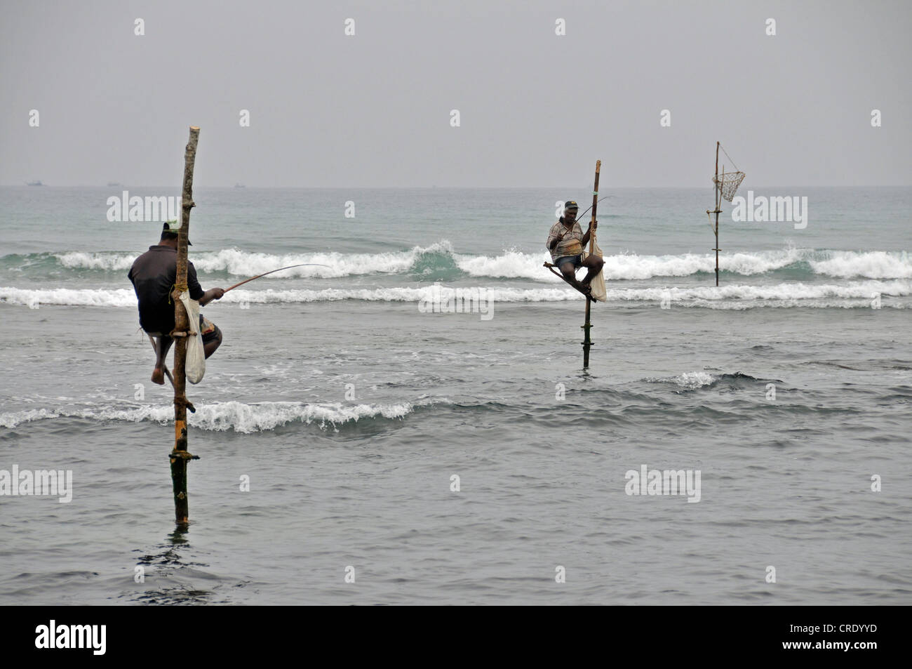 Zancudos, los pescadores de la costa sur de Sri Lanka, Ceilán, Asia Foto de stock