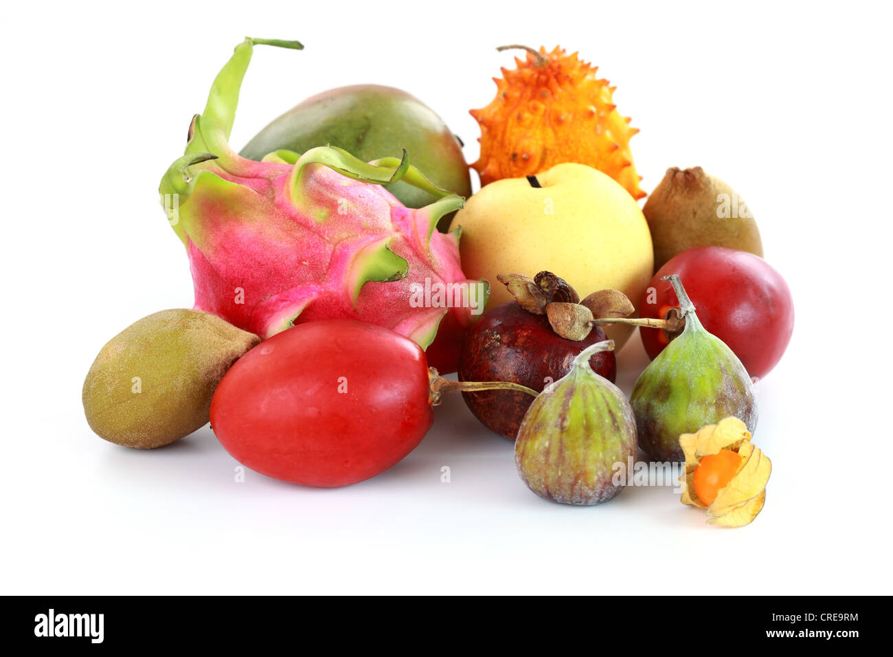Frutas exóticas - mangostán, higo, mango, pera Asiática, dragon fruit, horned melon, tamarillo Foto de stock