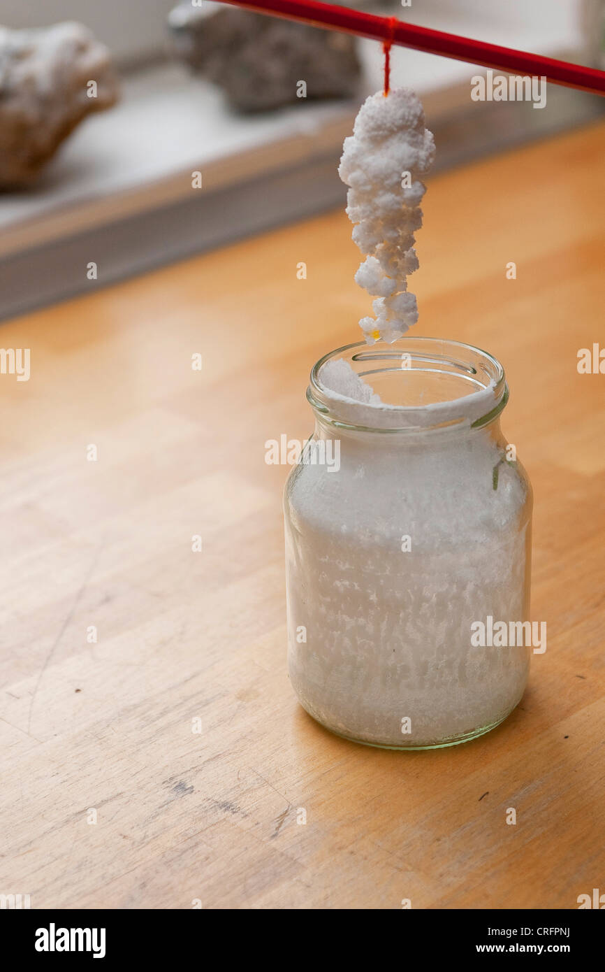 Self-made cristales, Paso 5: solución de sal cristalizada en hilo Foto de stock