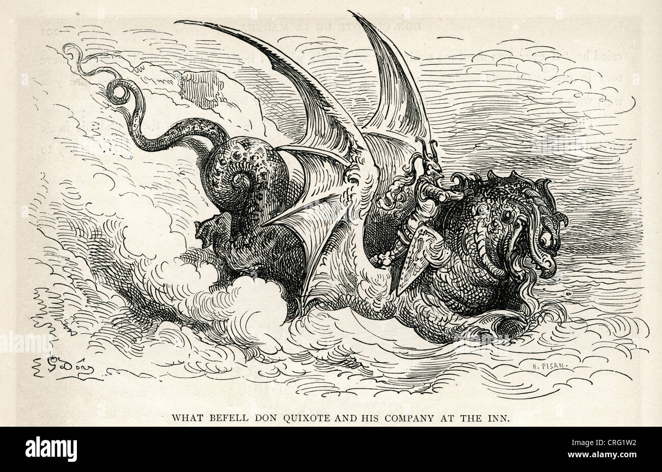 Caballero y el monstruo marino. Ilustración de Gustave Doré de Don Quijote. Foto de stock