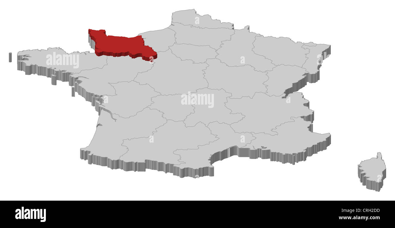 Mapa político de Francia con las diversas regiones donde Baja Normandía está resaltada. Foto de stock