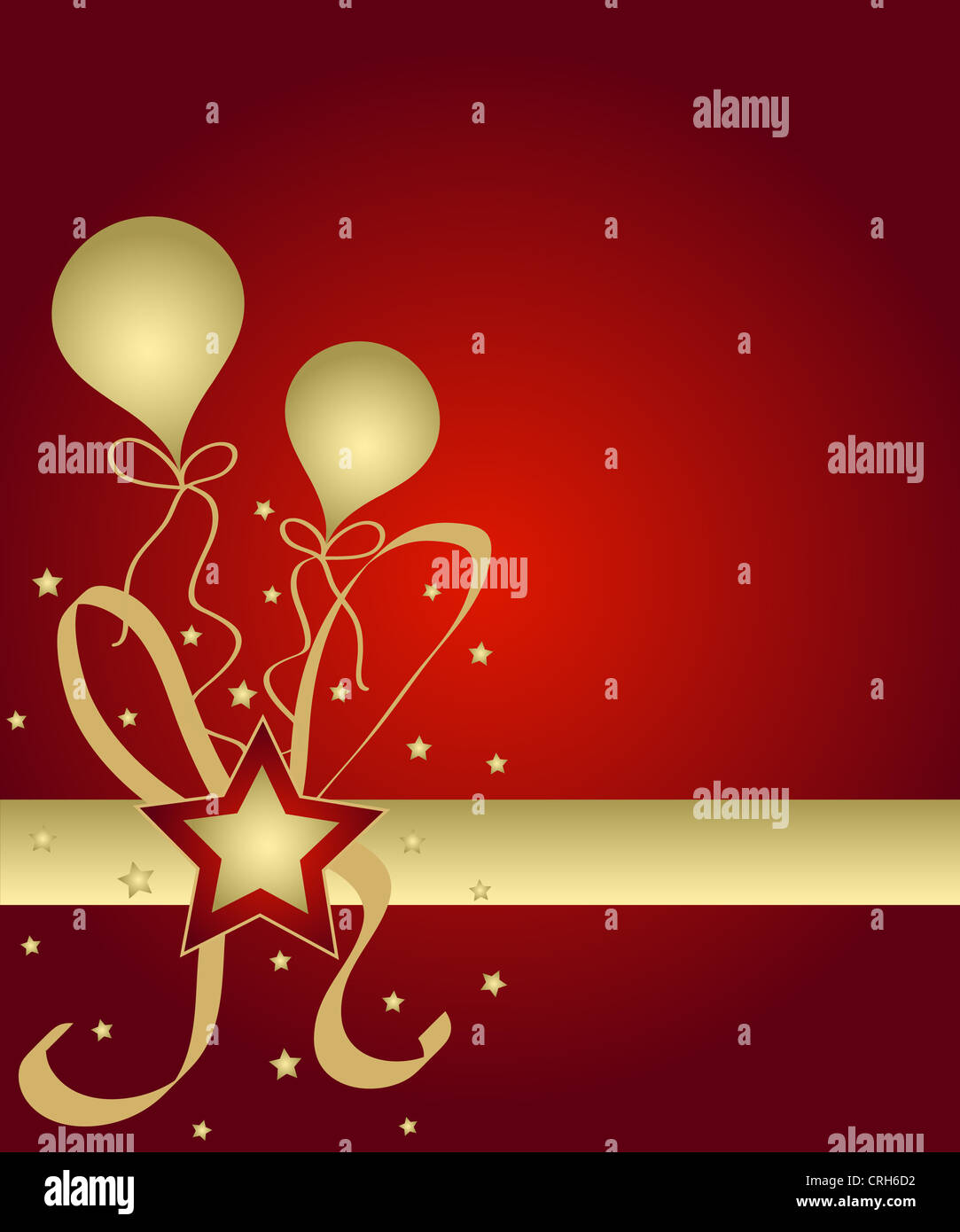 Estrellas y globos en rojo y oro. Foto de stock