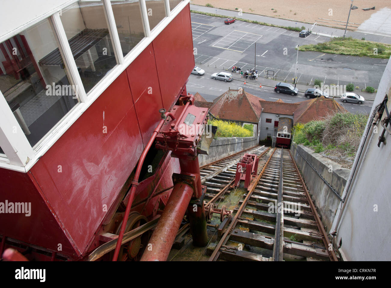 Leas Levante Folkestone fue diseñado y construido en 1885. Ahora renovados a la orden de trabajo. Elevación del balance de agua. Foto de stock