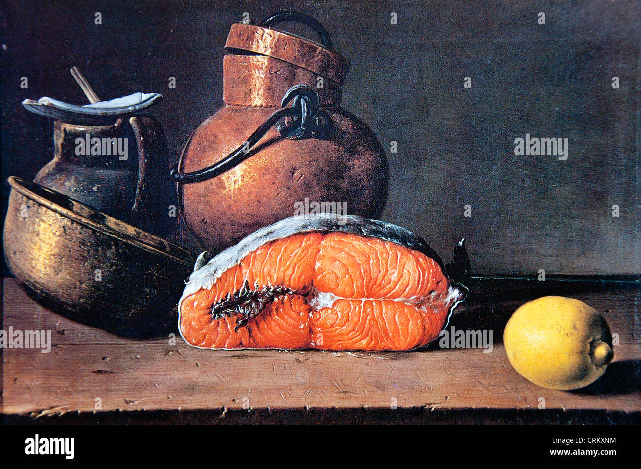 Luis Meléndez - Bodegón con salmón, limón y tres buques (1772) Foto de stock
