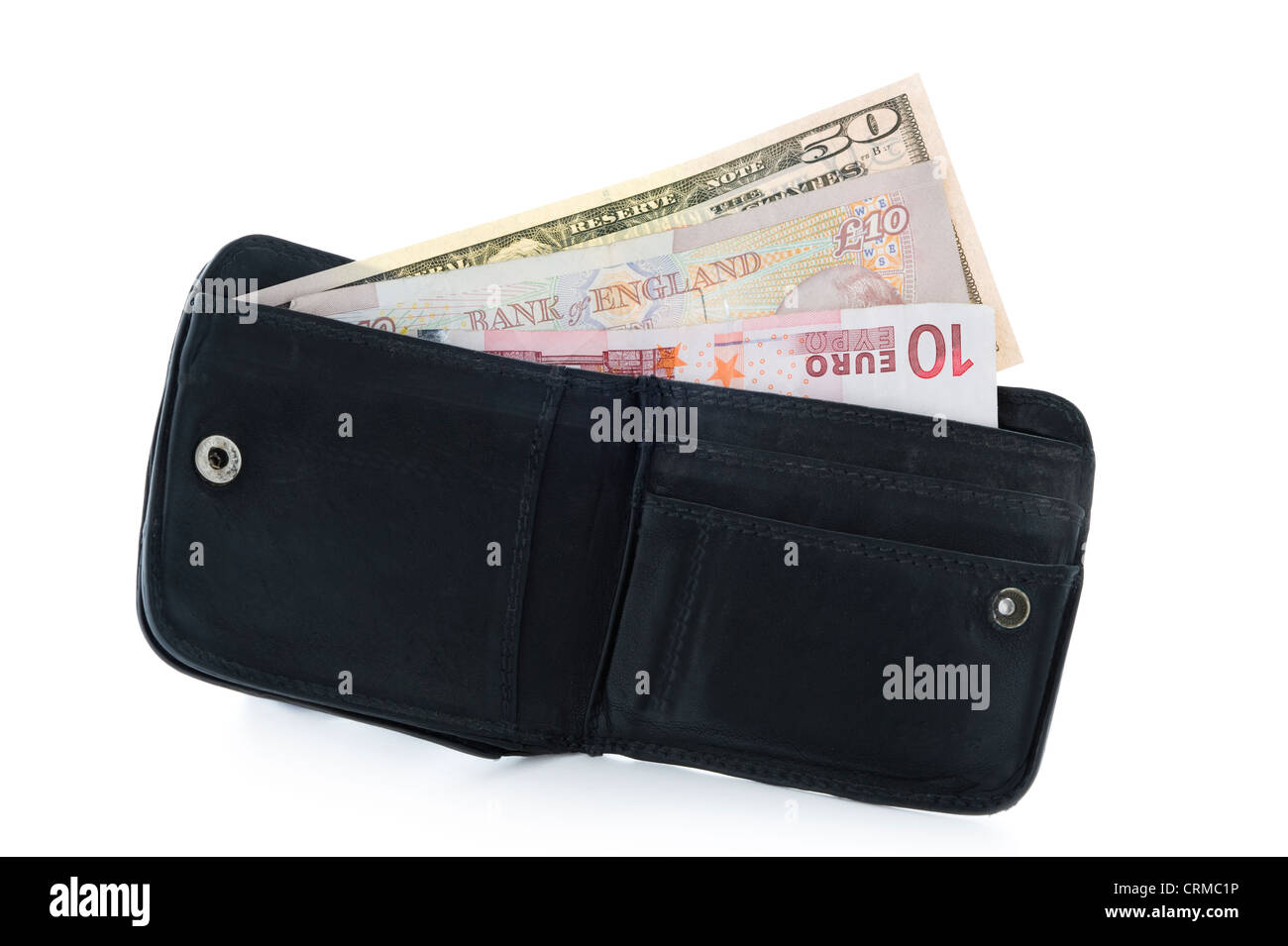 Abrir cartera con billetes de dólar la libra y aislado en blanco Foto de stock