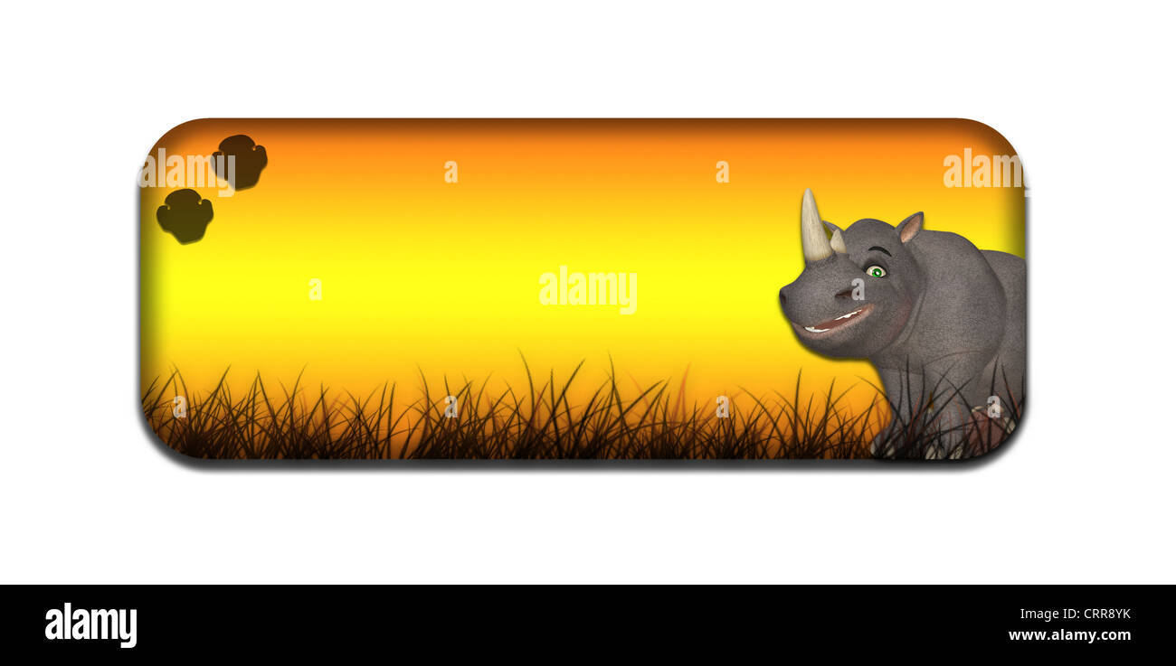 Ilustración de un banner temáticas safari/cabezal con un rinoceronte de dibujos animados sobre un fondo blanco. Foto de stock