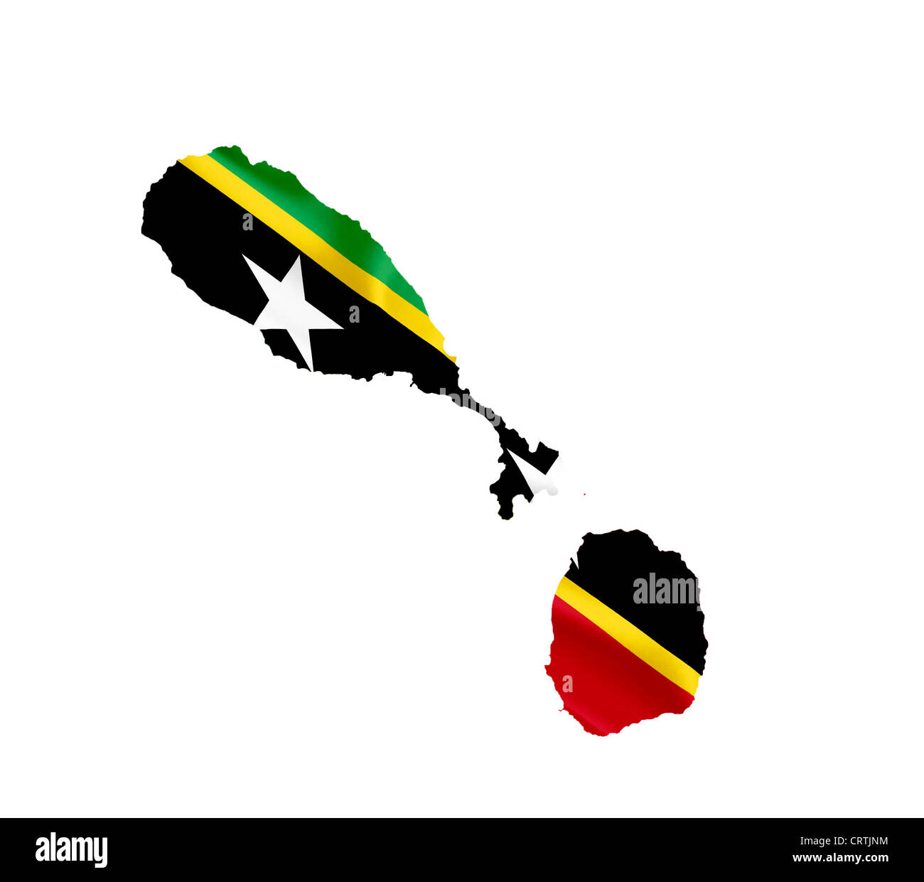 Mapa de Saint Kitts y Nevis con banderas ondeantes aislado en blanco