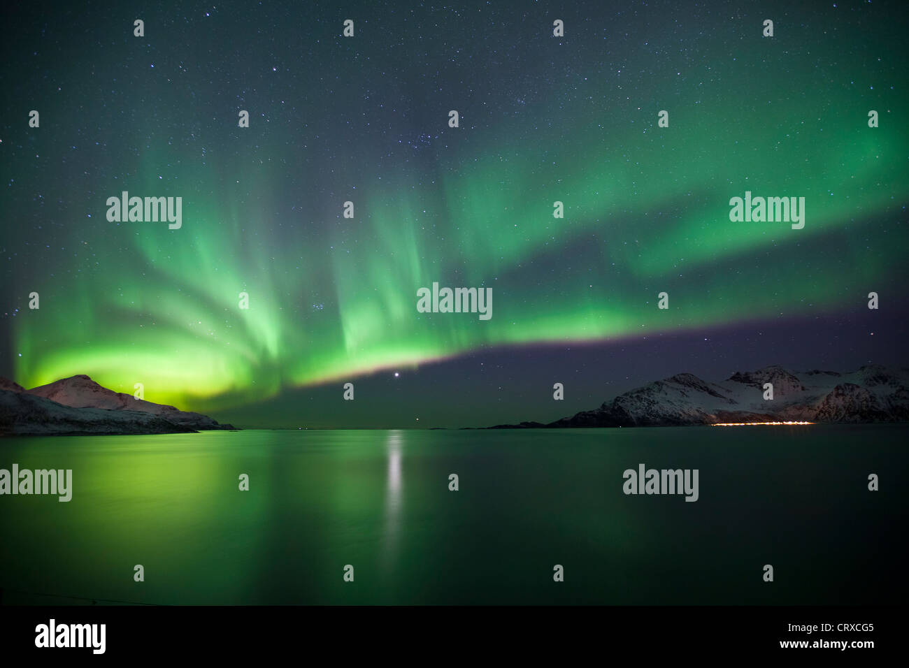 La Aurora Boreal la Aurora Boreal llenar el cielo a Kvaloya en el Círculo Polar Ártico cerca de Tromso, Noruega septentrional Foto de stock