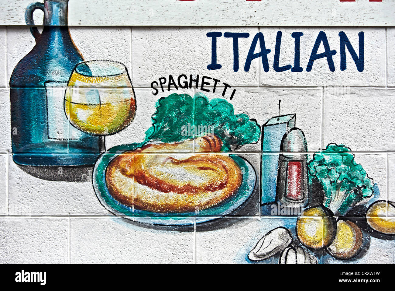 Pared arte comida. Ilustración de la comida en un restaurante italiano Foto de stock