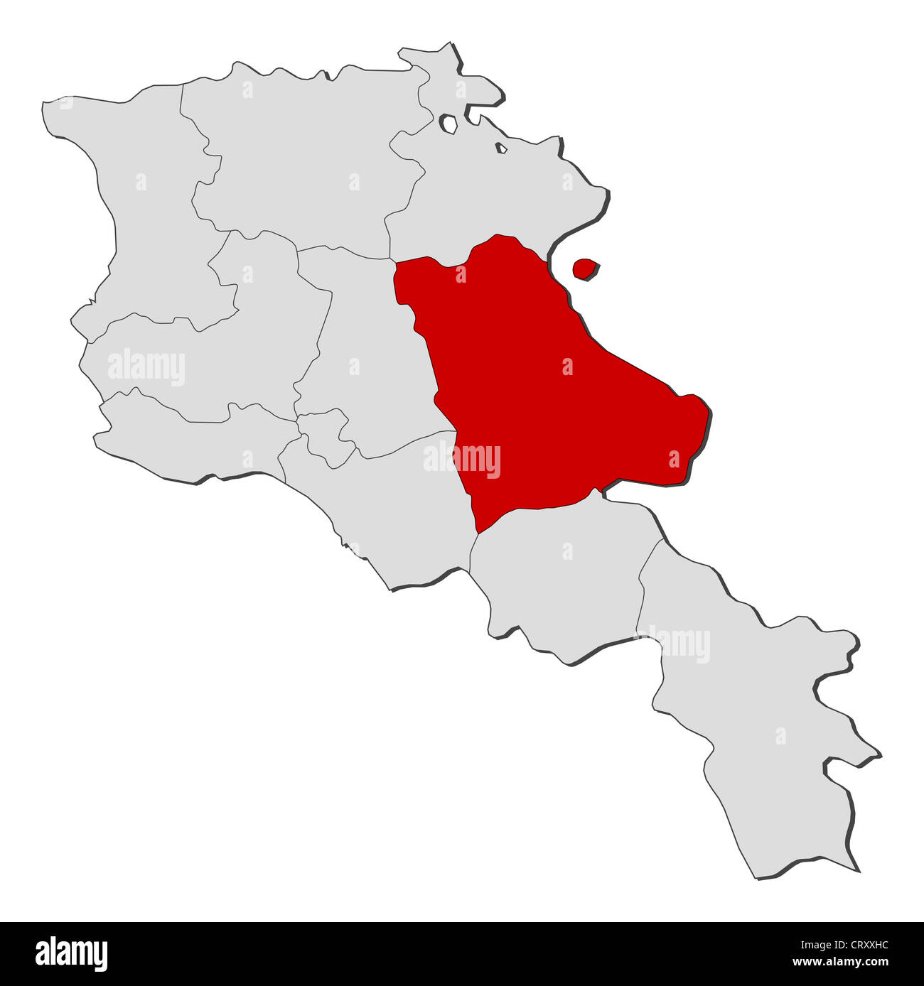 Mapa político de Armenia con los varios estados donde Gegharkunik está resaltada. Foto de stock