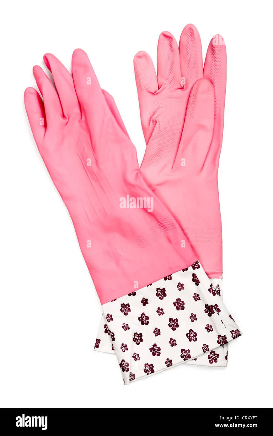 Par de guantes de goma rosa aislado en blanco Foto de stock