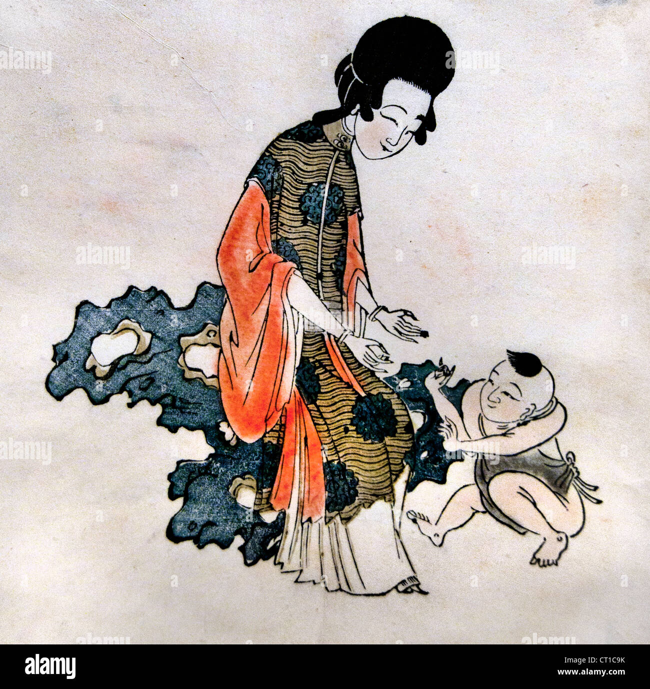 La belleza con niño ca de la dinastía Qing. 1644-1753 Cultura grabado en madera color sobre papel chino China Foto de stock