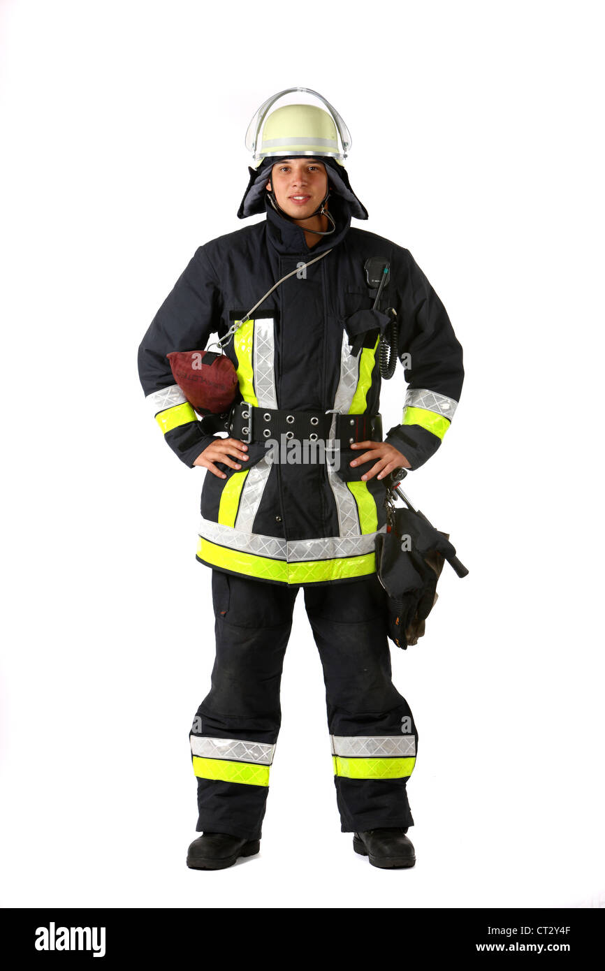 Bombero en casco protector héroe de hombre adulto en uniforme de equipo en  el trabajo