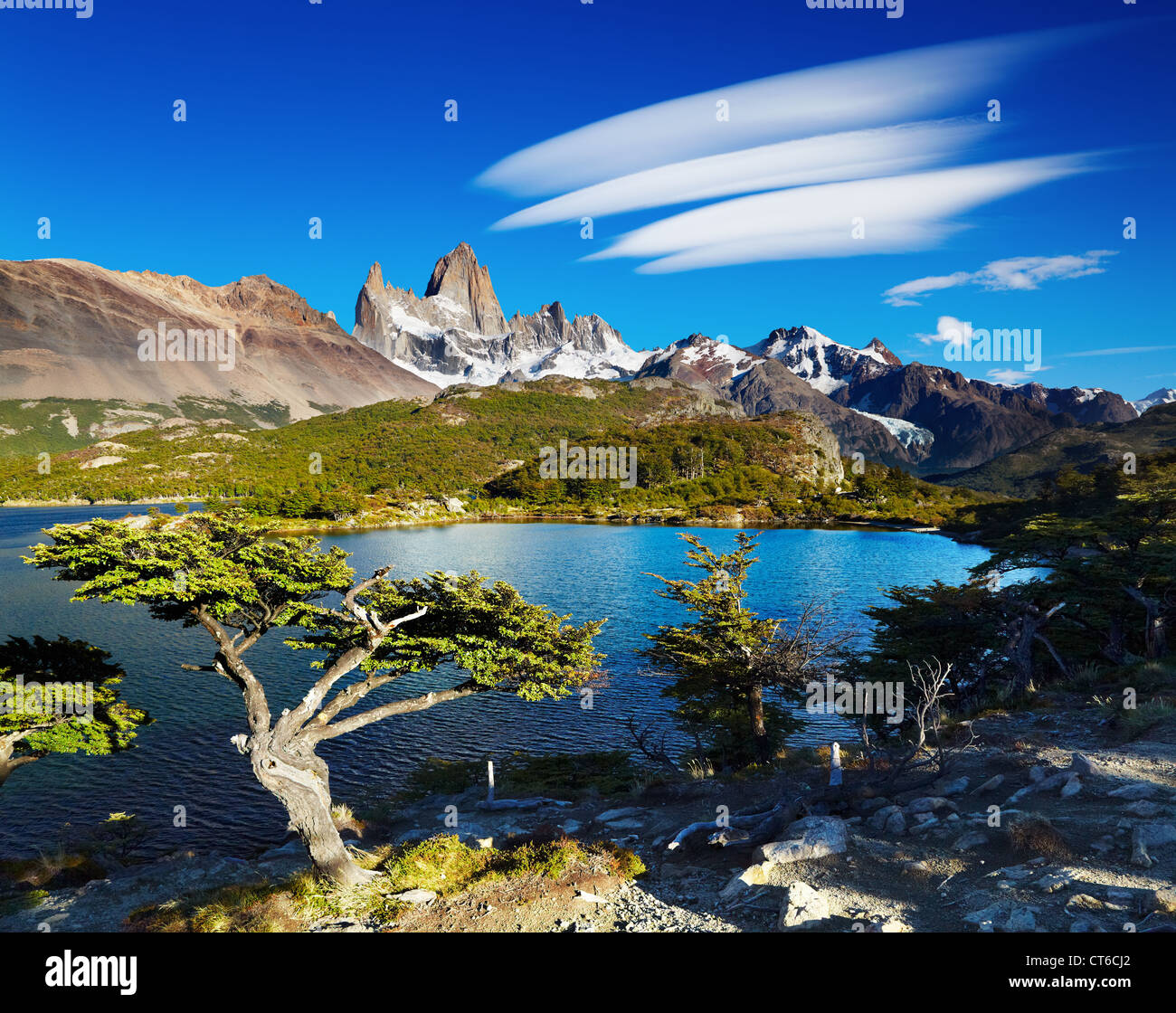 Laguna Capri y el Monte Fitz Roy, el Parque Nacional Los Glaciares, Patagonia, Argentina Foto de stock