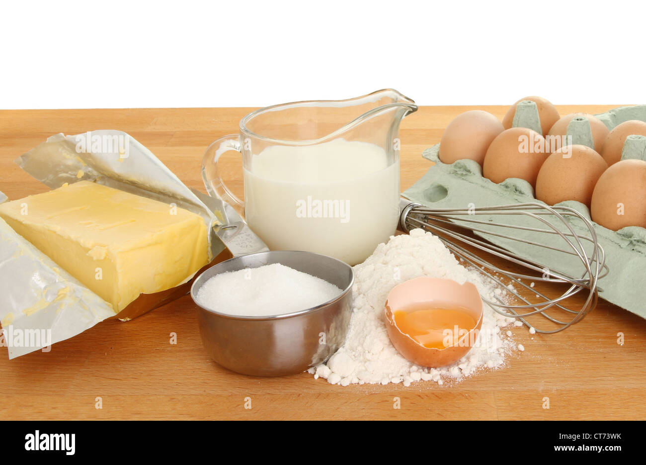 Ingredientes para hornear, azúcar, harina, huevos, leche y mantequilla con  una batidora en una encimera de madera Fotografía de stock - Alamy