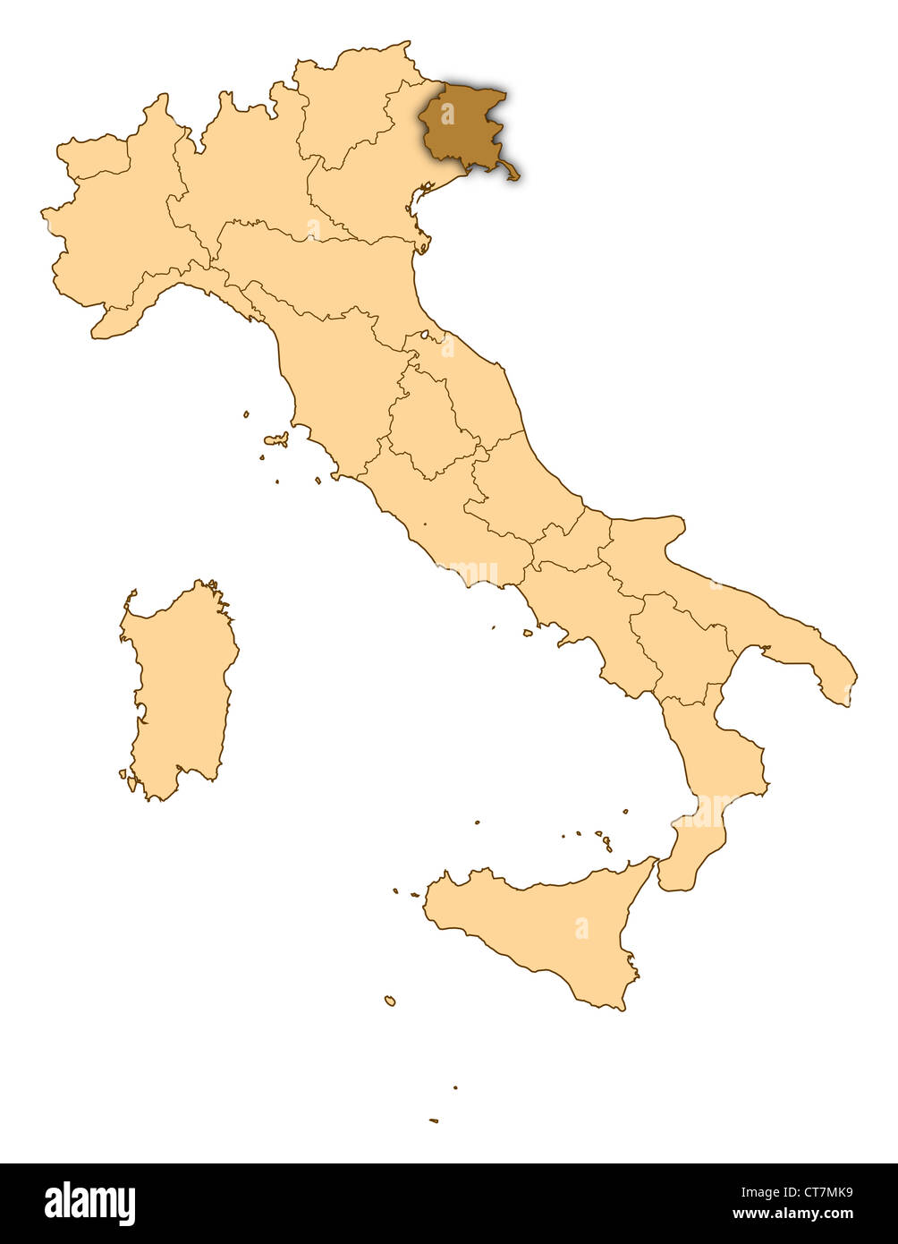 Mapa de Italia donde Friuli-Venezia Giulia está resaltada. Foto de stock