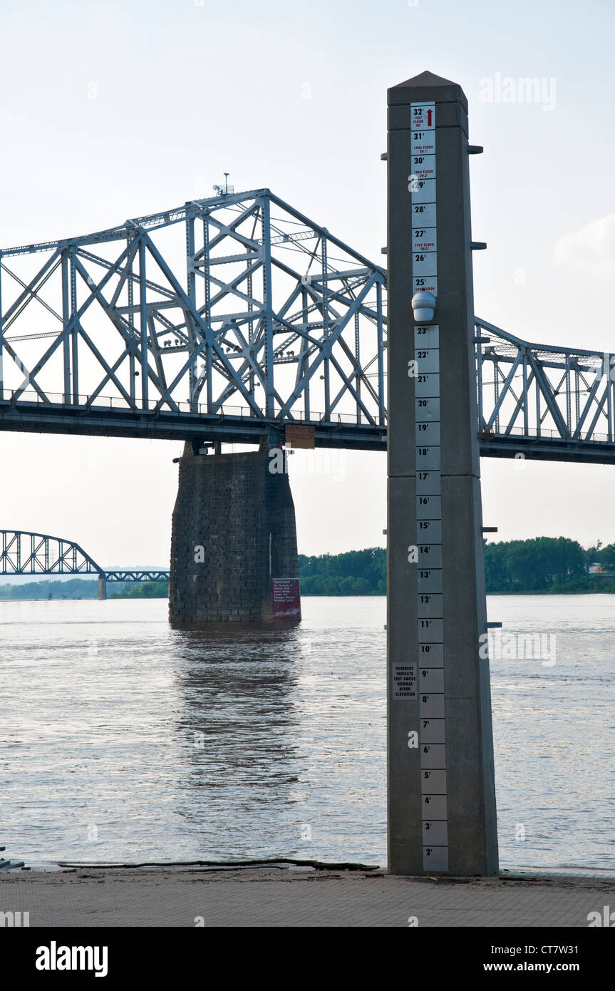 Louisville, Kentucky, el parque Riverfront Park, el río de Ohio de nivel de agua Indicador de inundaciones. Foto de stock