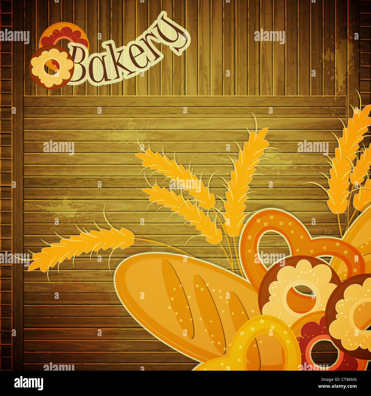 Cubierta de diseño menú de Panadería - pan sobre fondo de madera - tarjeta  Retro con lugar para el texto - Ilustración Fotografía de stock - Alamy