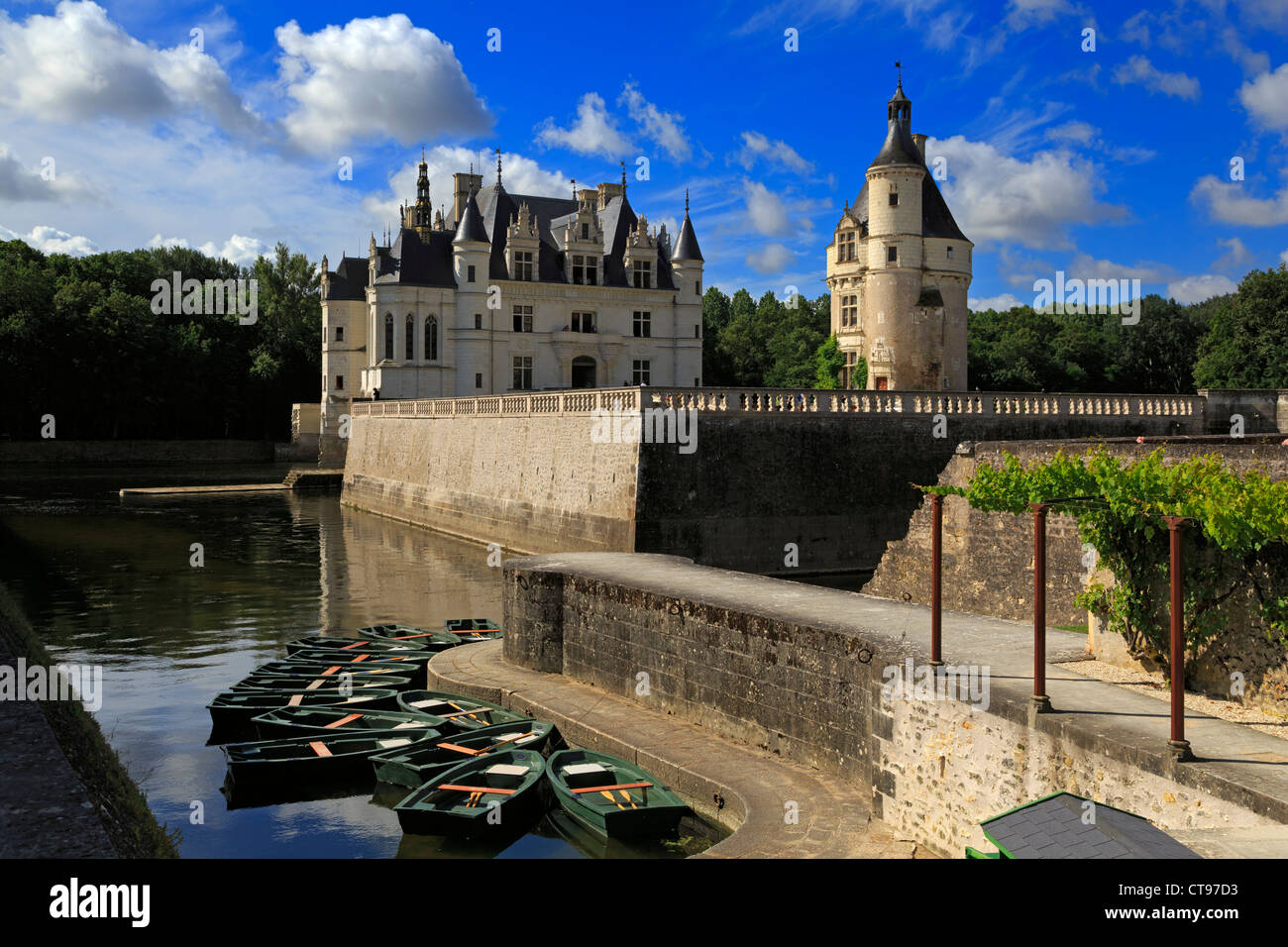 Botes de remo en el Chateau Chenonceau, Valle del Loira, Francia. Palacio renacentista del siglo XVI sobre el río Cher. Foto de stock