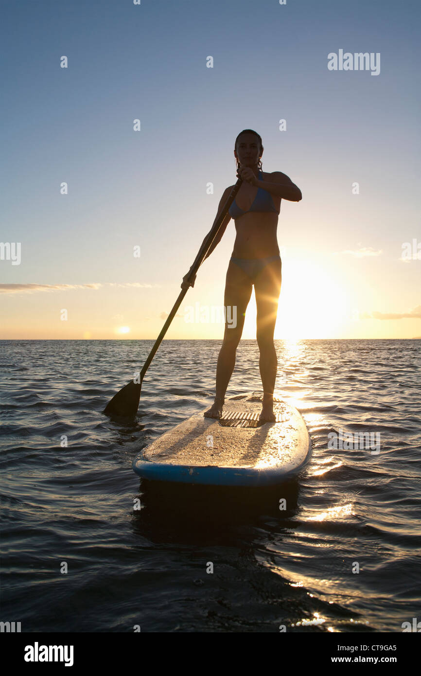 Stand-up paddler femenino al atardecer en Maui, Hawai con soplete. Foto de stock