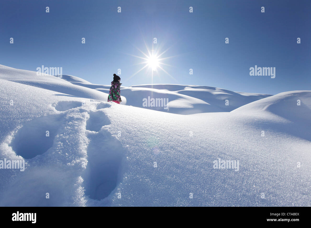 Joven trudging a través de nieve profunda, Kloesterle, Arlberg, Tirol, Austria Foto de stock