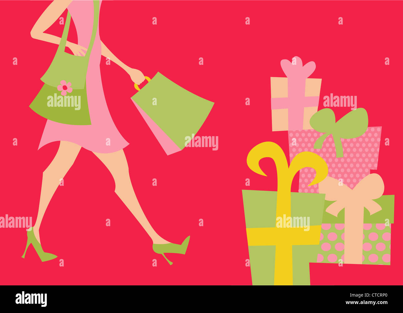 Ilustración vectorial de chica de compras. Incluye bolsas de compras y presentar cuadros. Foto de stock