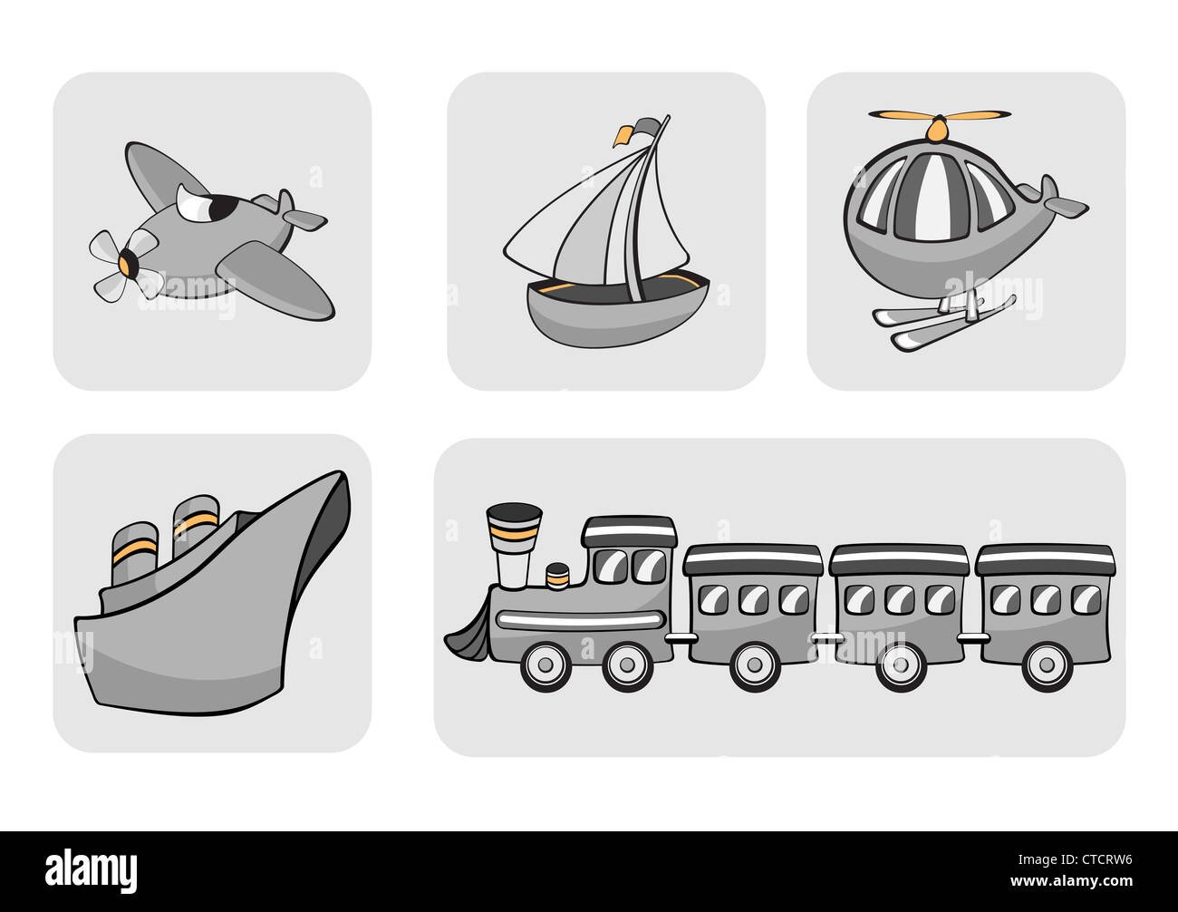 Ilustración vectorial de transporte iconos. Incluye avión, velero, helicópteros, buques y trenes. Foto de stock