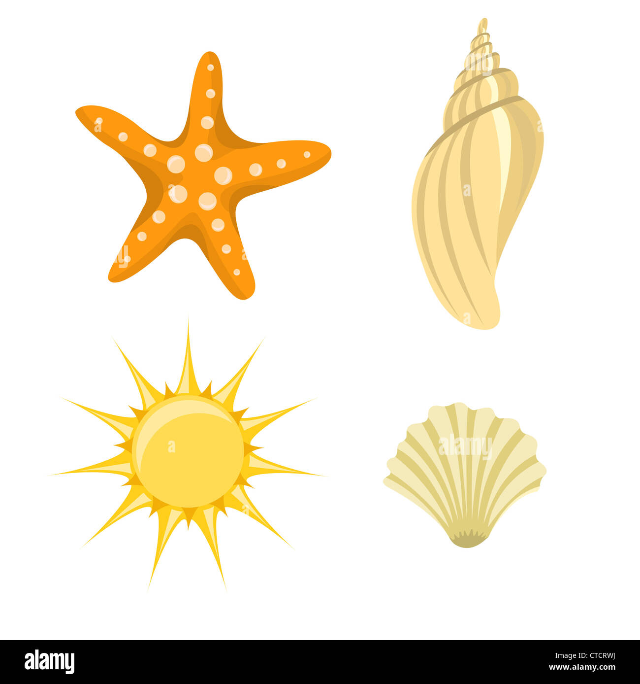 Ilustración vectorial de iconos de verano. Incluye sol, mar y Starfish shelld Foto de stock