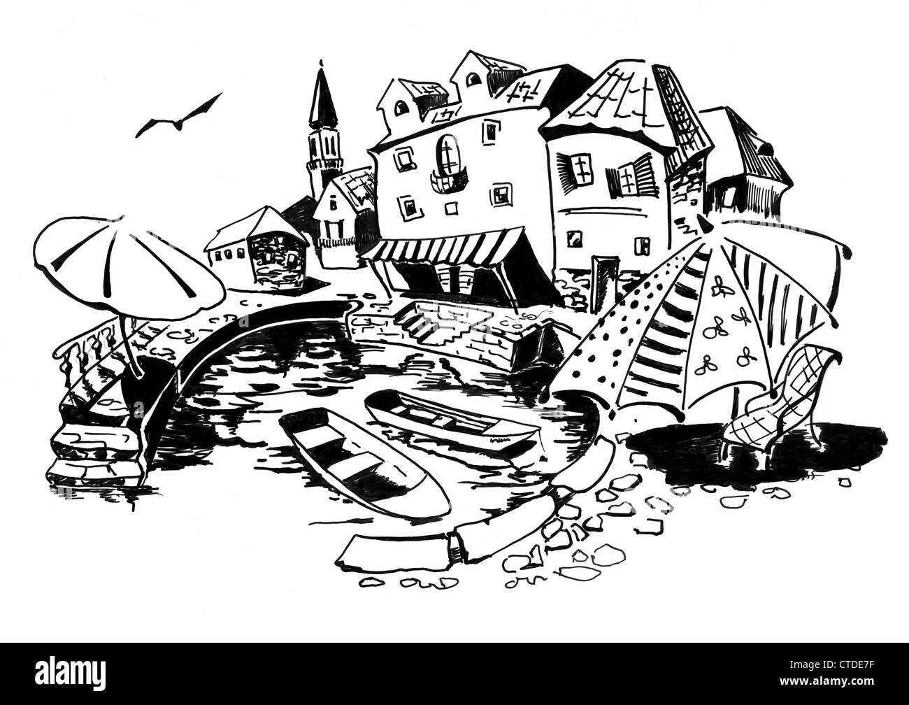 Un dibujo a mano de un pequeño pueblo turístico de la región mediterránea  Fotografía de stock - Alamy