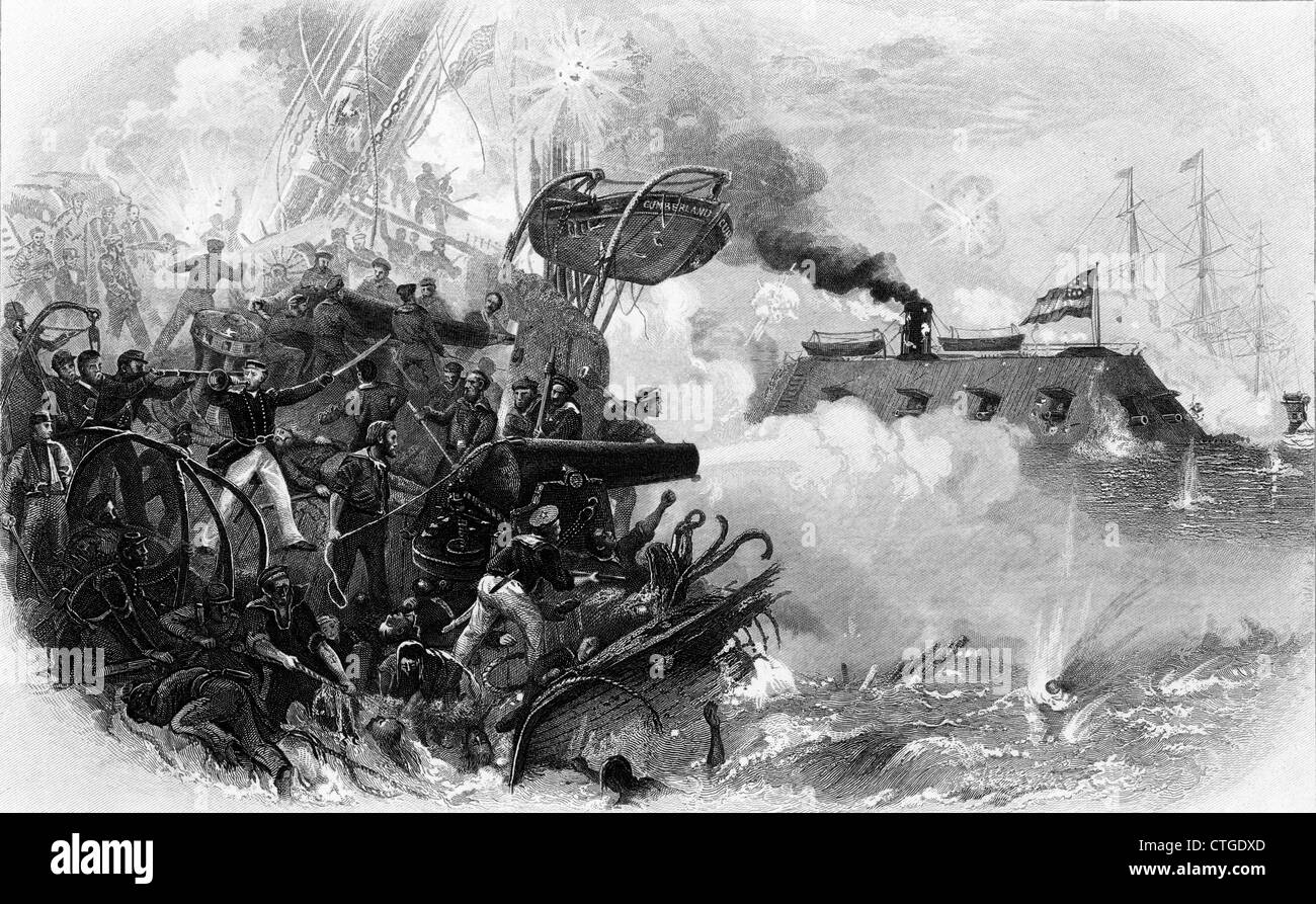 1860 El 8 de marzo de 1862 de hierro revestidos de CSS CONFEDERADO VIRGINIA antiguamente el Merrimack hundimiento del USS CUMBERLAND en Hampton Roads, Virginia Foto de stock