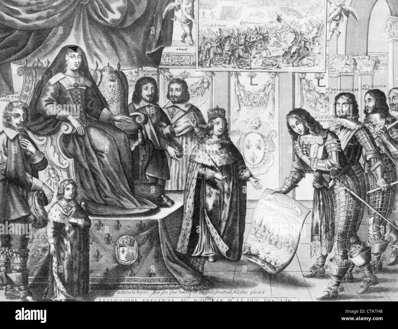 DUC d'Enghien presentando sus victorias en Thionville (1639) y Rocroi (1643) al joven rey Luis XIV. Véase la descripción a continuación. Foto de stock